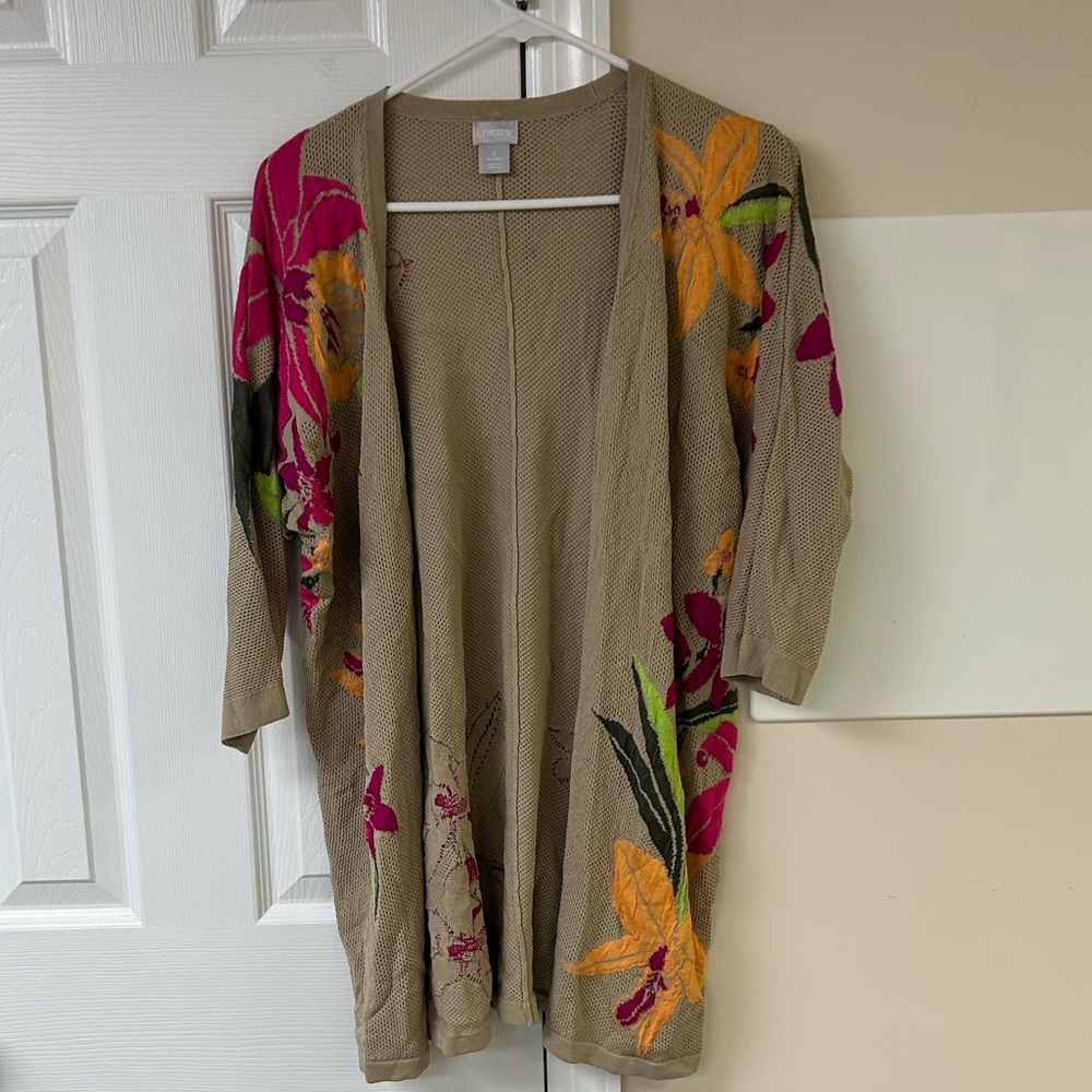 Chico's Beige Open-Front Cardigan with Pink and Orange Floral Embroidery S